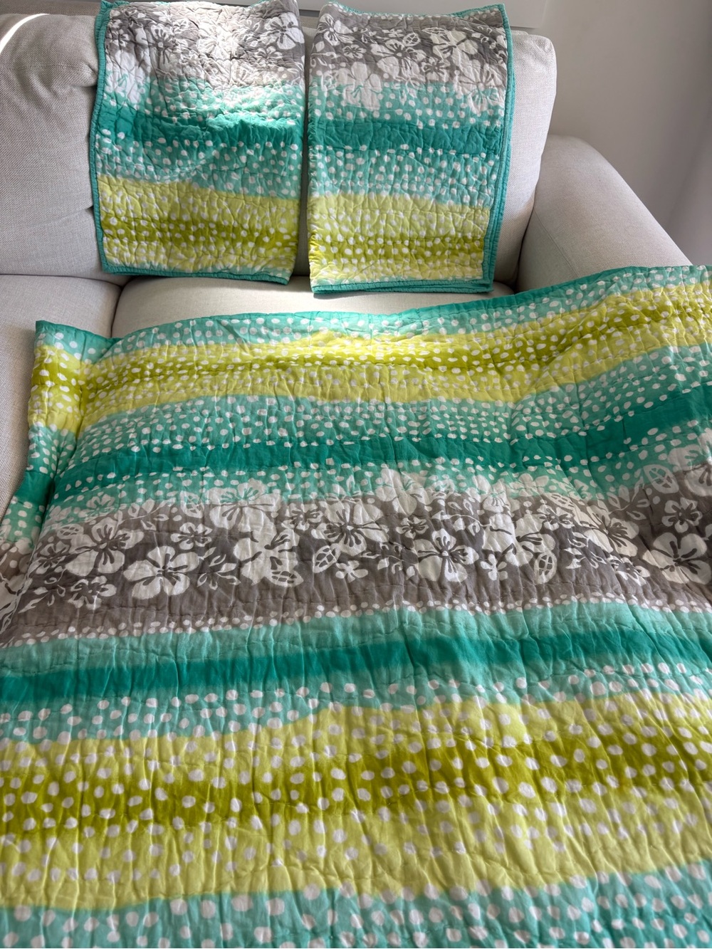 Pottery Barn Teen Aqua, Lime & Gray Striped Full Quilt with 2 shams .